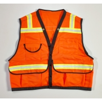 High Visibility Mesh Super Deluxe Surveyor Vest with 2 Vertical and 2 Horizontal 1-1/2' Lime/Silver/Lime Reflective Stripes, Large, Orange