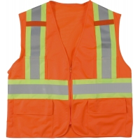 High Visibility Polyester ANSI Class 2 Surveyor Safety Vest with Pouch Pockets and 4' Lime/Silver/Lime Reflective Tape, Large, Orange