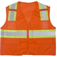 16368-1-1, High Visibility Polyester ANSI Class 2 Surveyor Safety Vest with Pouch Pockets and 4 Lime/Silver/Lime Reflective Tape, Small, Orange, Mega Safety Mart