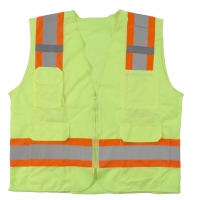16369-0-2, High Visibility Polyester ANSI Class 2 Surveyor Safety Vest with Pouch Pockets and 4 Lime/Silver/Lime Reflective Tape, Medium, Orange, Mega Safety Mart