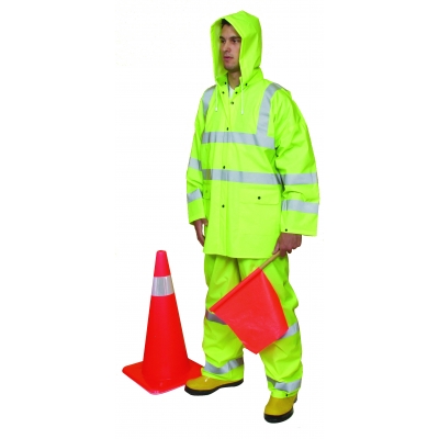 14511-5, 3 Piece PVC/High Visibility Polyester ANSI Class 3 Rain Suit, 2X-Large, Lime, Mega Safety Mart