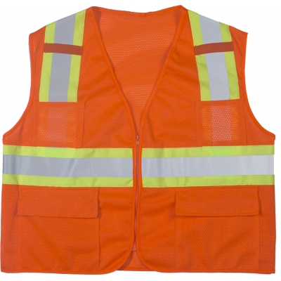 Lime Mutual inc. X-Large Mutual Industries 16369-1-4 High Visibility Polyester ANSI Class 2 Surveyor Safety Vest with Pouch Pockets and 4 Orange/Silver/Orange Reflective Tape 