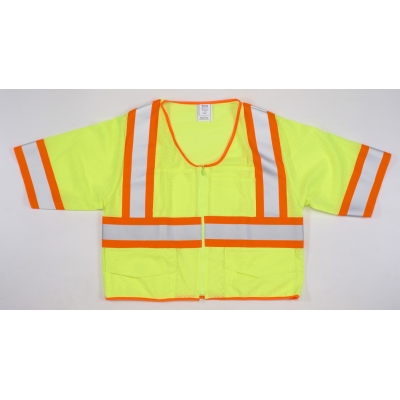16391-7, High Visibility ANSI Class 3 Mesh Vest with 4 Orange/Silver/Orange Reflective Tape, 4X-Large, Lime, Mega Safety Mart