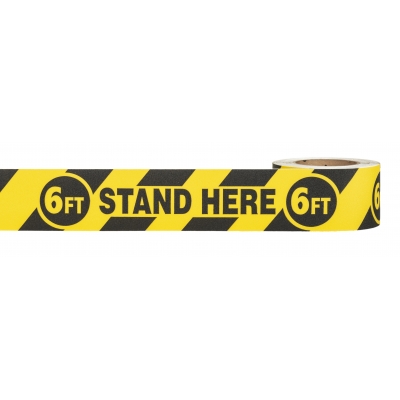 17810-9141-3546, Social Distancing Warning Anti-Skid Floor Tape - 6FT STAND HERE 6FT  - 3 x 54' - Black/Yellow, Mutual Industries