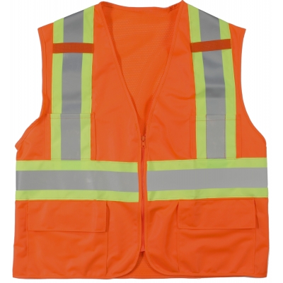 M16368-0-2, High Visibility Polyester ANSI Class 2 Surveyor Safety Vest with Pouch Pockets and 4 Lime/Silver/Lime Reflective Tape, Medium, Orange, Mutual Industries