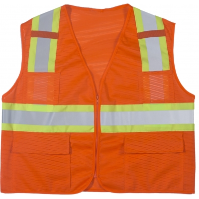 M16368-1-6, High Visibility Polyester ANSI Class 2 Surveyor Safety Vest with Pouch Pockets and 4 Lime/Silver/Lime Reflective Tape, 3X-Large, Orange, Mutual Industries
