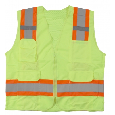M16369-0-4, High Visibility Polyester ANSI Class 2 Surveyor Safety Vest with Pouch Pockets and 4 Lime/Silver/Lime Reflective Tape, X-Large, Orange, Mutual Industries