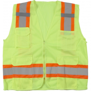 M16369-1-2, High Visibility Polyester ANSI Class 2 Surveyor Safety Vest with Pouch Pockets and 4 Orange/Silver/Orange Reflective Tape, Medium, Lime, Mutual Industries