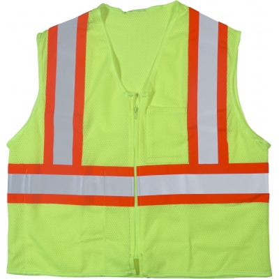 M16376-0-1, High Visibility ANSI Class 2 Safety Vest with 1 Outside and 1 Inside Pocket and 4 Orange/Silver/Orange Reflective Tape, Small/Medium, Lime, Mutual Industries