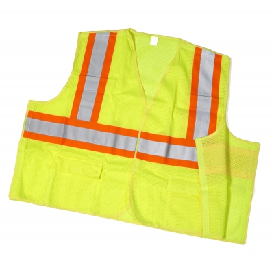 M16387-0-2, High Visibility Polyester ANSI Class 2 Solid Tearaway Safety Vest with Pockets and 4 Orange/Silver/Orange Reflective Tape, Medium, Lime, Mutual Industries