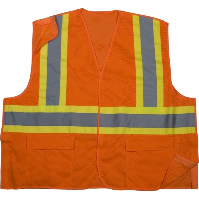 M16388-0-3, High Visibility Polyester ANSI Class 2 Mesh Tearaway Safety Vest with Pockets and 4 Lime/Silver/Lime Reflective Tape, Large, Orange, Mutual Industries