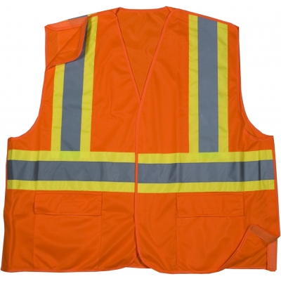 M16389-0-7, High Visibility Polyester ANSI Class 2 Solid Tearaway Safety Vest with Pockets and 4 Lime/Silver/Lime Reflective Tape, 4X-Large, Orange, Mutual Industries