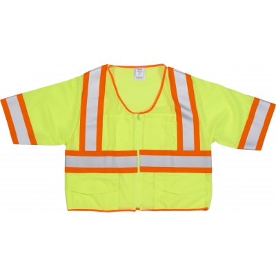 M16391-3, High Visibility ANSI Class 3 Mesh Vest with 4 Orange/Silver/Orange Reflective Tape, Large, Lime, Mutual Industries