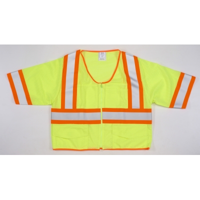 M16391-7, High Visibility ANSI Class 3 Mesh Vest with 4 Orange/Silver/Orange Reflective Tape, 4X-Large, Lime, Mutual Industries