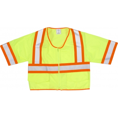M16392-3, High Visibility ANSI Class 3 Solid Vest with Pocket and 4 Orange/Silver/Orange Reflective Tape, Large, Lime, Mutual Industries
